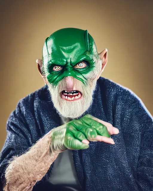 Prompt: A studio photo of the supervillain Green Goblin as an old man, 70 years old, bokeh, 90mm, f/1.4