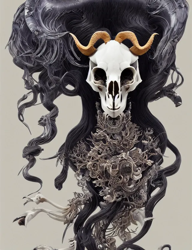 Image similar to 3 d goddess goat skull half - turn portrait with long hair with ram skull. beautiful intricately detailed japanese crow kitsune mask and clasical japanese kimono. betta fish, jellyfish phoenix, bio luminescent, plasma, ice, water, wind, creature, artwork by tooth wu and wlop and beeple and greg rutkowski