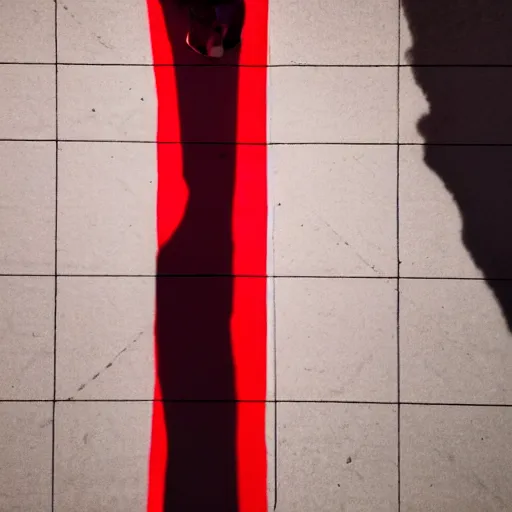 Prompt: red light from above defines the shape of her beautiful shadow on the floor below