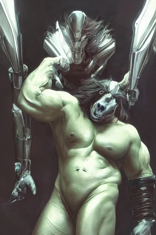 Prompt: portrait of hulking anthro horse whose physique is bursting with muscle, leather catsuit, test subject, monstrous, full body, sci - fi, highly detailed, digital painting, artstation, concept art, sharp focus, illustration, art by artgerm and greg rutkowski and alphonse mucha