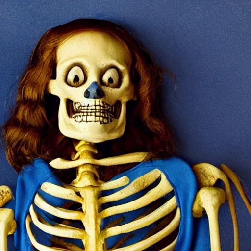 Prompt: smiling skeleton wearing blue puffy jacket, renaissance painting