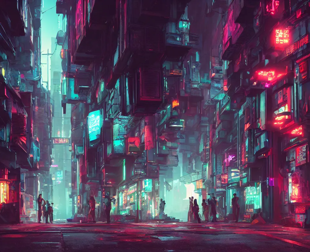 Image similar to three point perspective close wide angle shot of a matte painting environment design of cyberpunk alley with neon lights, people on the streets being monitored by flying drones, artstation, ultra realistic, volumetric lighting, 4k, octane render