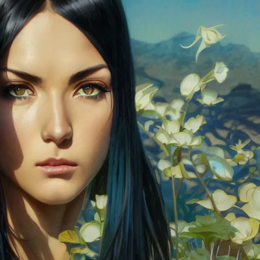 Prompt: highly detailed vfx portrait of nico robin, greg rutkowski, makoto shinkai, alphonse mucha, sharp focus, art by artgerm and greg rutkowski, backlit, harsh overhead sunlight, blue eyes, stanley kybric