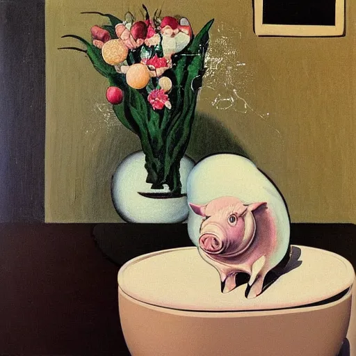 Image similar to “a portrait in an art student’s apartment, a feminine pig in a bubble bath, pork, ikebana white flowers, white wax, squashed berries, acrylic and spray paint and oilstick on canvas, by munch and Dali”