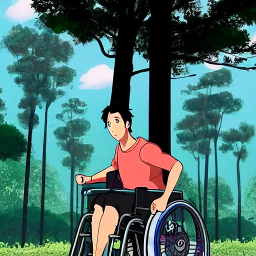 Image similar to a wholesome animation key shot of a handsome a wheelchair guy fitness posing, studio ghibli, pixar and disney animation, sharp, dramatic lighting