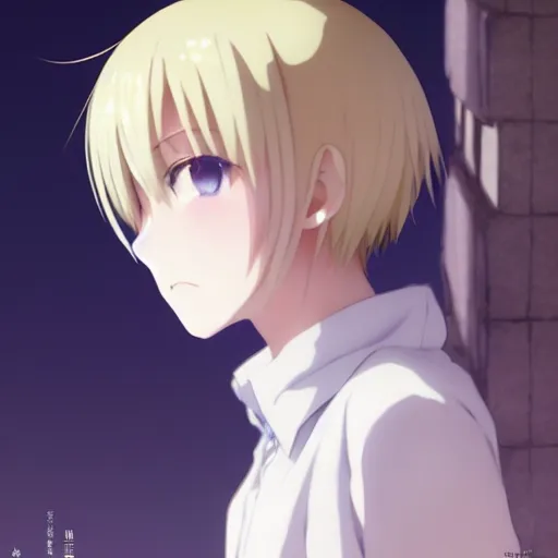 Image similar to a film still portrait of a kagamine rin, blond colored hair, finely detailed features, closeup at the faces, perfect art, at an ancient city, gapmoe yandere grimdark, trending on pixiv fanbox, painted by greg rutkowski makoto shinkai takashi takeuchi studio ghibli, akihiko yoshida