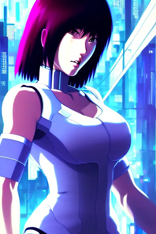 Image similar to a still fullbody portrait of motoko kusanagi ghost in the shell, finely detailed features, closeup at the faces, perfect art, at a cyberpunk city, gapmoe yandere grimdark, trending on pixiv fanbox, by ilya kuvshinov, rossdraws, artgerm