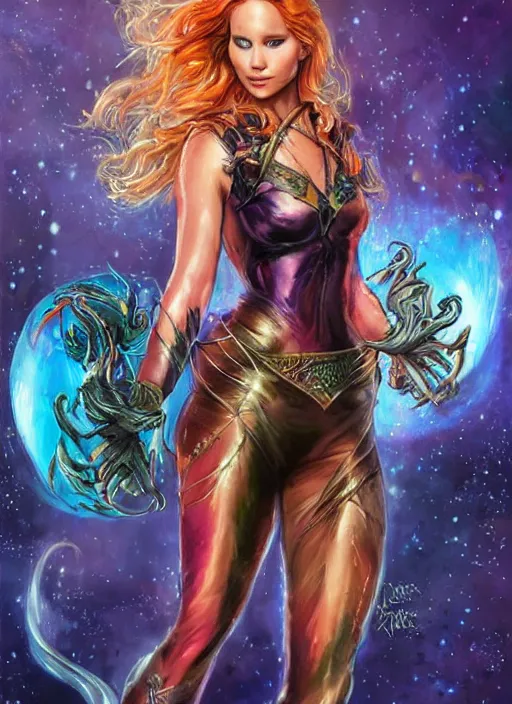 Prompt: front portrait hands behind body pose of attractive Jennifer Lawrence as Starfire with ginger wavy hair, hands behind her body pose!, Intricate overlay flames imagery , D&D!, fantasy style, sharp focus!, ultra detailed, art by Artgerm and Peter Andrew Jones, WLUP