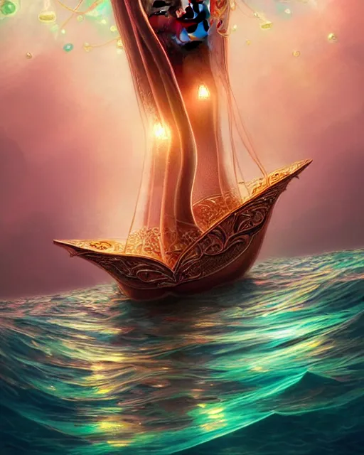 Image similar to cute woman inside an ornate sail boat of iridescent liquid, alchemy, shiny plastic, intricate, bloom, detailed, volumetric lighting, sharp focus, photorealism, digital painting, highly detailed, concept art, by by artgerm and wlop