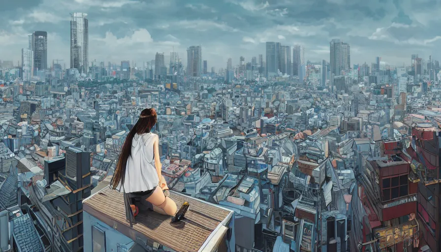 Image similar to Girl admiring Tokyo from the roof of a building, hyperdetailed, artstation, cgsociety, 8k