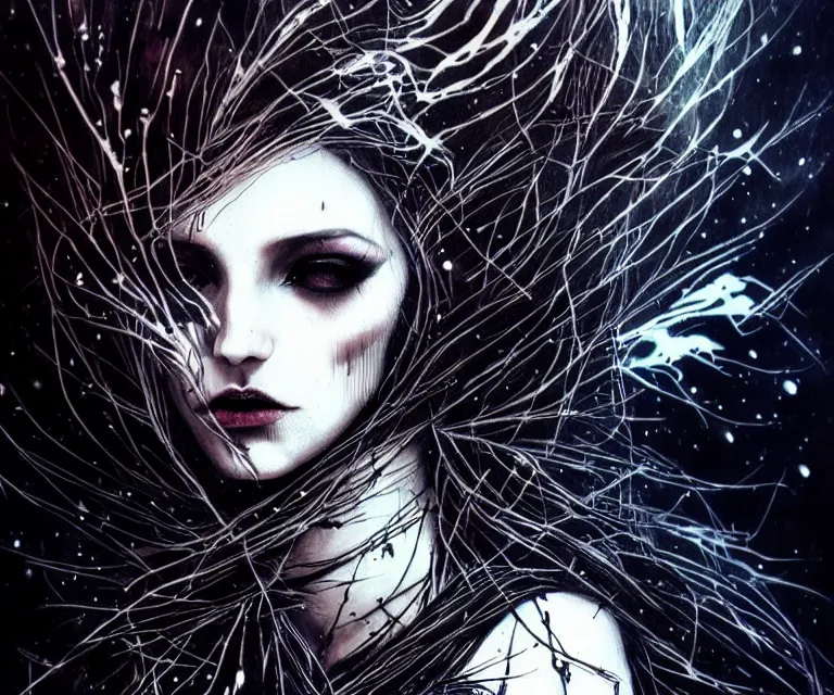 Image similar to stunning otherworldly gothic goddess of beauty, dark and mysterious, atmospheric, ominous, eerie, cinematic, epic, 8 k, 4 k, ultra detail, ultra realistic, rendered by awesomeness. nights falling wind is blowwing snow is pilling concept art in style of carne griffiths artwork by xsullo