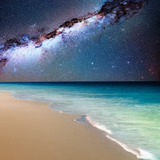 Prompt: planet on milky way as beach, water is galaxy