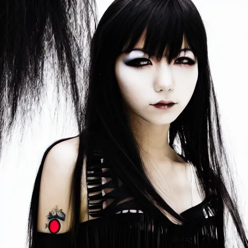 Prompt: professional photograph of female japanese model in emo makeup, long hair, fringe