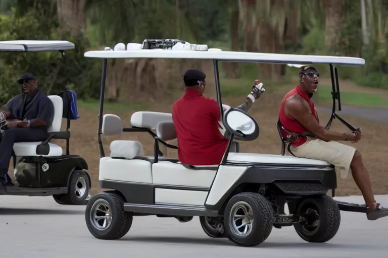 Image similar to dennis rodman driving a golf cart, movie still, from the new gone in 6 0 seconds movie, 8 k, hd, cinematic lighting