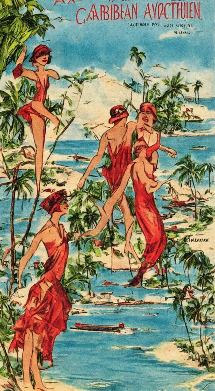 Image similar to a 1920s vacation pamphlet about a Caribbean beach,