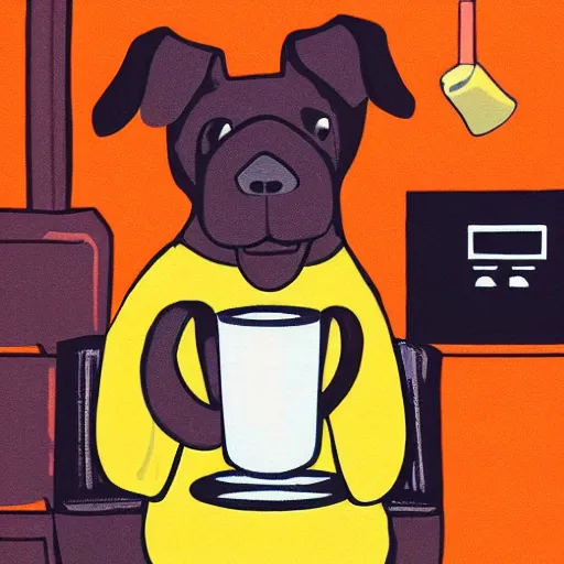 Prompt: a dog with arms drinking a cup of coffee in a burning room, colorful