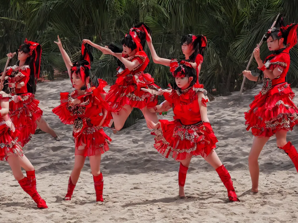 Image similar to babymetal 3 members performing on a tropical beach beautiful, scenery, highly detail face, dynamic pose, High Definition detail, 8K, photography