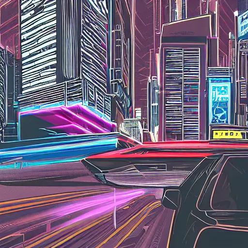 Prompt: point perspective, neon city sharp, delorean hovers in the foreground