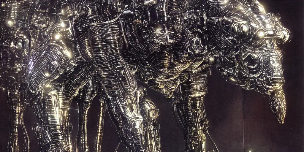 Prompt: angry, screaming cybernetic metallic chrome bison, made of neon light, volumetric lighting, by caspar david friedrich and wayne barlowe and ted nasmith