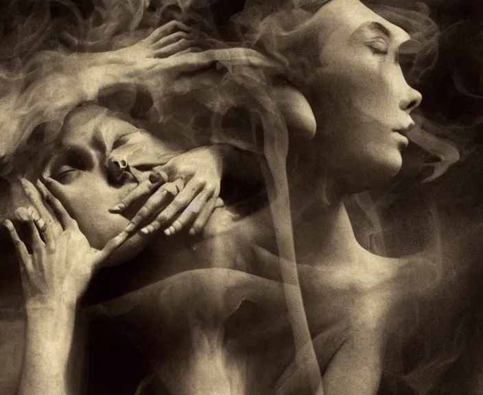 Prompt: the mystical scene of human transformation. slightly erotic, 35mm double-exposure photo, german expressionism, deep shadows and colors, photorealistic, detailed smoke and dust, natural bones and skin, natural textures, sensual, calming, depth of field, ambient occlusion, motion blur, HD, masterpiece, volumetric, chromatic aberration by Richard Avedon, style of Ade Santora, perfect composition, masterpiece, intricate detailed