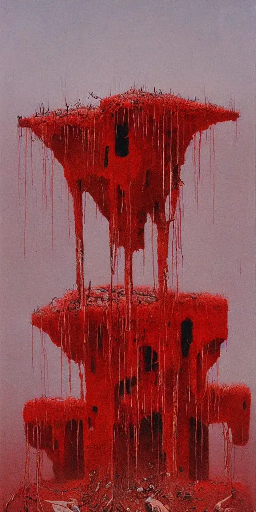 Image similar to surrealist painting of a brutalist building turning into meat, red fungus, web, post apocalyptic, snowy landscape, painted by beksinski