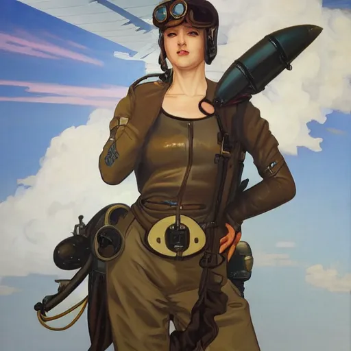 Image similar to A female airship pilot, dieselpunk, oil on canvas, in the style of Range Murata and Alphonse Mucha