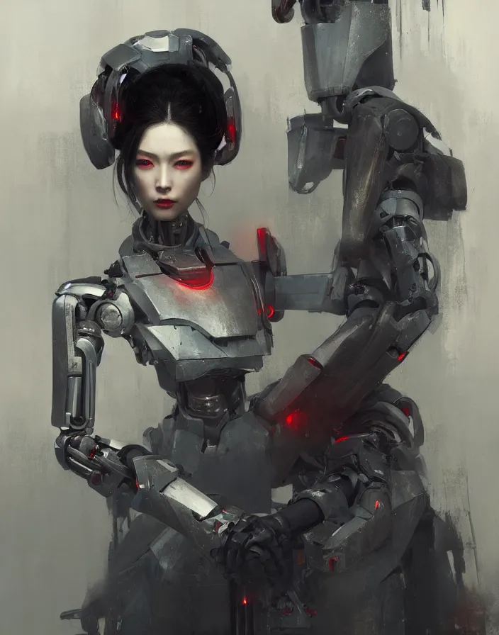 Image similar to portrait of a geisha robot by greg rutkowski and ruan jia, mecha, washed colors, dark, gloomy, matte painting, unreal engine 5