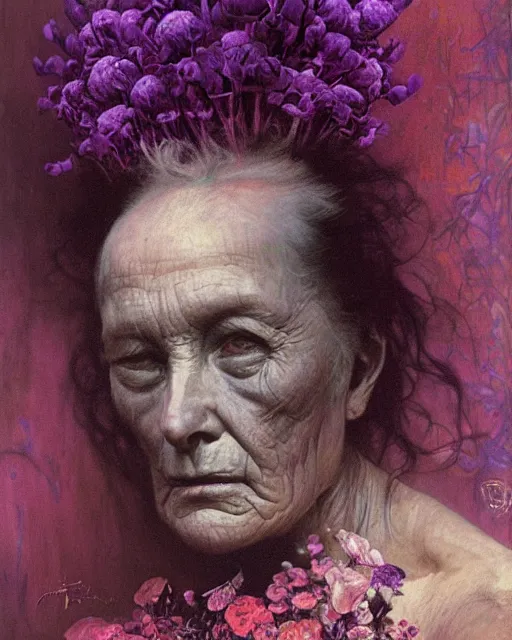 Prompt: purple and pink flowerpunk portrait of a fierce old matriarch by paul lehr, beksinski, alphonse mucha