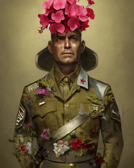 Image similar to a beautiful portrait photo of a military general man, looking angry, covered by hibiscus, daffodils, hydrangea, montsera leaves by tom bagshaw and zach sutton, very detailed, artstation, 8 k