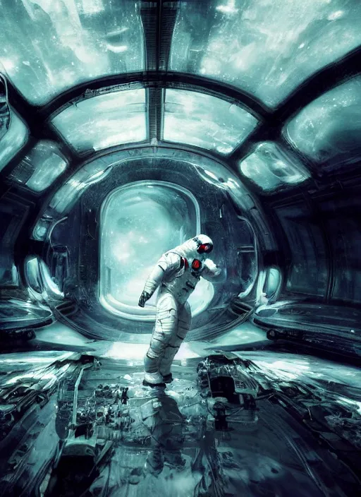 Prompt: concept art by craig mullins infrared complex and hyperdetailed technical astronaut dancing in futuristic dark and empty spaceship underwater. reflection and dispersion materials. rays and dispersion of light. volumetric light. 5 0 mm, f / 3 2. noise film photo. flash photography. unreal engine 4, octane render. interstellar movie art