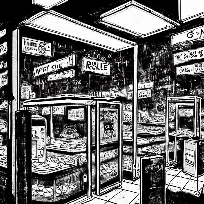 Prompt: poor quality food, water, and gruel : on a table. inside a dirty automated kiosk. bright tasty food options displayed on a wall. black tiles on walls. black and white, pencil and ink. by gabriel hardman, joe alves, chris bonura. cinematic atmosphere, detailed and intricate, perfect anatomy