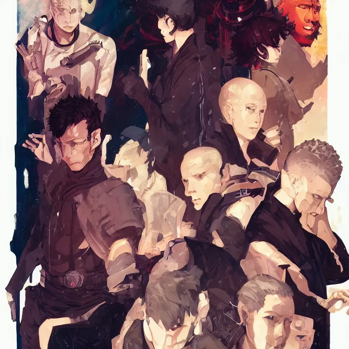 Image similar to anime portrait jujutsu kaisen, futuristic science fiction, mucha, hard shadows and strong rim light, art by jc leyendecker and atey ghailan and sachin teng
