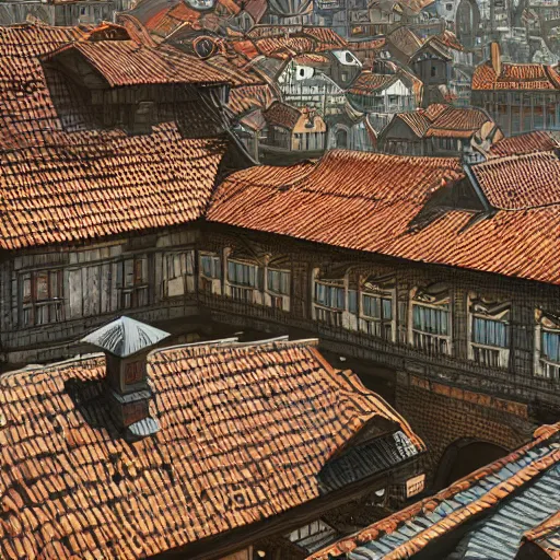 Image similar to traditional city with tiled roofs surrounded by a wooden wall, texture, intricate, details, highly detailed, masterpiece, architecture, building, trending on artstation, focus, sharp focus, concept art, digital painting, fantasy, sunny, day, midday