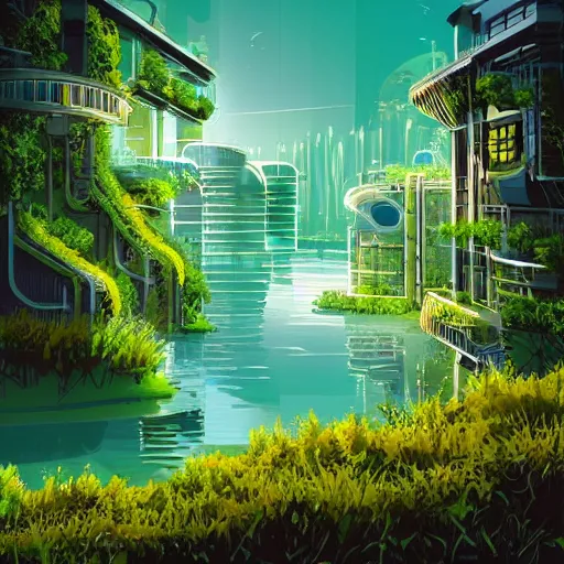 Prompt: beautiful happy picturesque charming futuristic sci - fi city in harmony with nature. water and plants. beautiful light. grainy and rough. interesting colour scheme. beautiful artistic vector graphic design art by lurid. ( 2 0 2 2 )