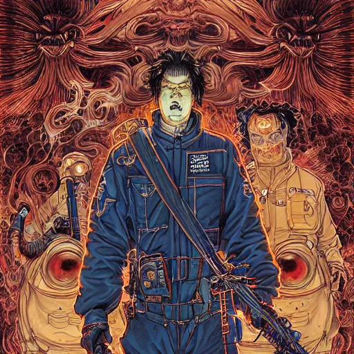 Image similar to portrait of crazy ghostbuster, symmetrical, by yoichi hatakenaka, masamune shirow, josan gonzales and dan mumford, ayami kojima, takato yamamoto, barclay shaw, karol bak, yukito kishiro