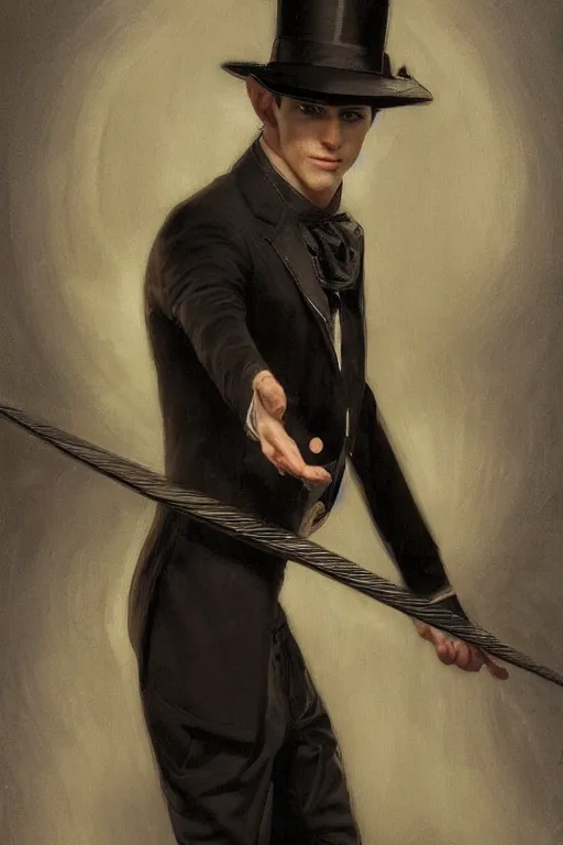 Prompt: skinny male magician, long dark hair, 1 9 2 0 s, elegant, highly detailed, intricate, smooth, sharp focus, artstation, digital paining, concept art, art by donato giancola, greg rutkowski, cedric peyravernay, valentina remenar