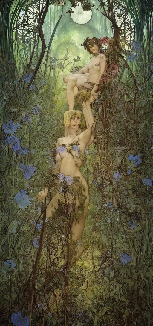 Image similar to painterly dreamy Kupala Night in the blue night forest with trees which have eyes, giant flowers, glowing owls, deers, beautiful women, lianas, thistles, giant fantasy creatures, a stream and sky with moon and stars by Alphonse Mucha, Beksinski, Alex Grey, Aron Wiesenfeld, tranding on artstation and Giger dark fantasy, witcher, very detailed oil painting in the alla prima style, volumetric lighting, masterpiece, 8k