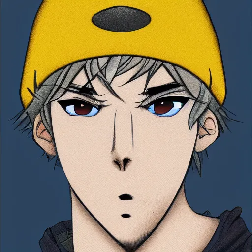 anime boy with blonde hair wearing frog beanie, | Stable Diffusion