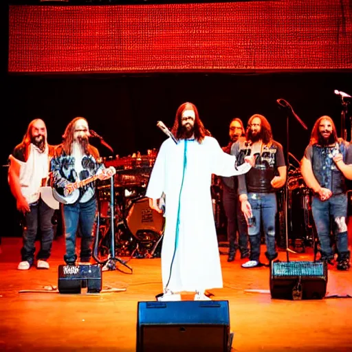 Prompt: Jesus on stage with all stars, band, concert photography