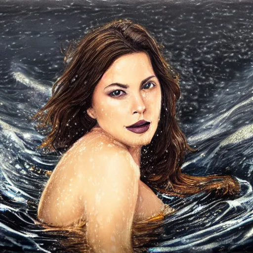 Image similar to photorealistic portrait of a beautiful brunette drowning into black waters with a golden dress