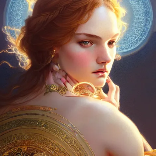 Image similar to beautiful Ering Heatherton, closeup, D&D, fantasy, intricate, elegant, highly detailed, digital painting, artstation, concept art, matte, sharp focus, illustration, art by Artgerm and Greg Rutkowski and Alphonse Mucha