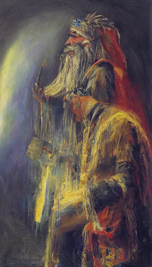 Image similar to portrait of a digital shaman, by john martin