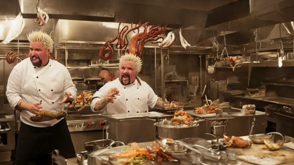 Prompt: guy fieri, turning into an eldritch horror monster, with tentacles, in a restaurant kitchen, film still from the movie directed by denis villeneuve with art direction by salvador dali