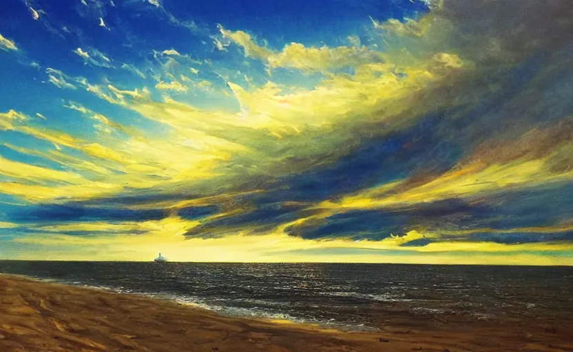 Image similar to sunny day at the beach blue sky big explosion on the horizon war apocalyptic realistic