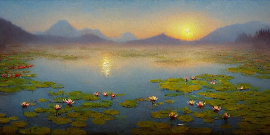 Prompt: impressionism painting of a pond of water lily on a foggy morning, sun low on horizon through snow capped mountains, soft light, misty