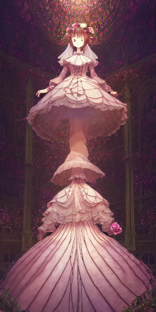 Image similar to the beautiful hyperdetailed physical rendering of a single rose flower wedding gothic lolita dress clothing design display in show in front of your eyes, perfectly shaded, atmospheric lighting, in the style of makoto shinkai, raphael lacoste louis comfort tiffany, stanley artgerm lau, wlop, rossdraws, 8 k hd, fine texture structure, 3 drender,