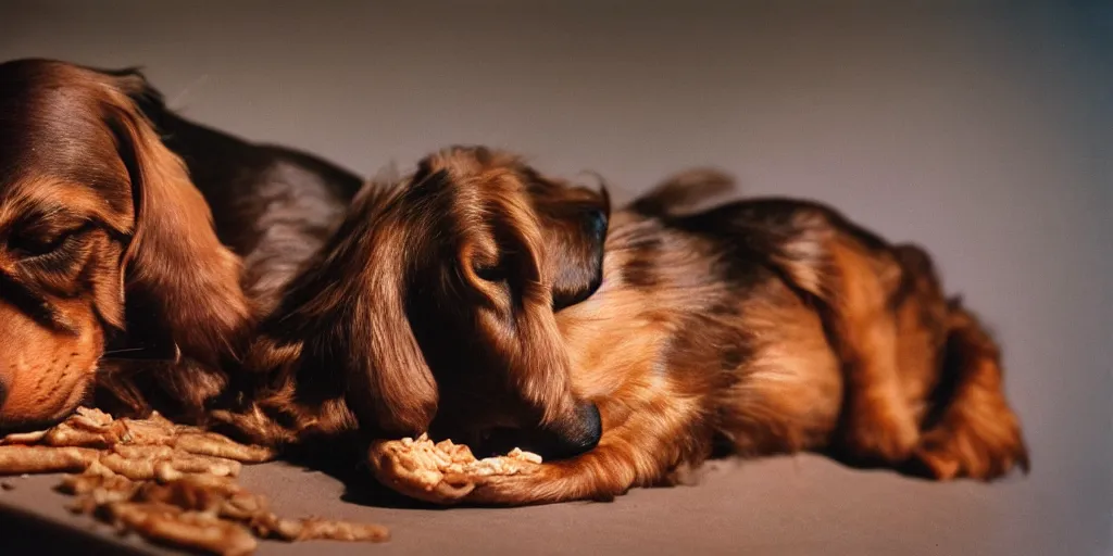 Image similar to A longhaired dachshund sleeps on a sausage in zero gravity, by Salvador Dalí, studio lighting, harmony color, Leica M6, 85 mm