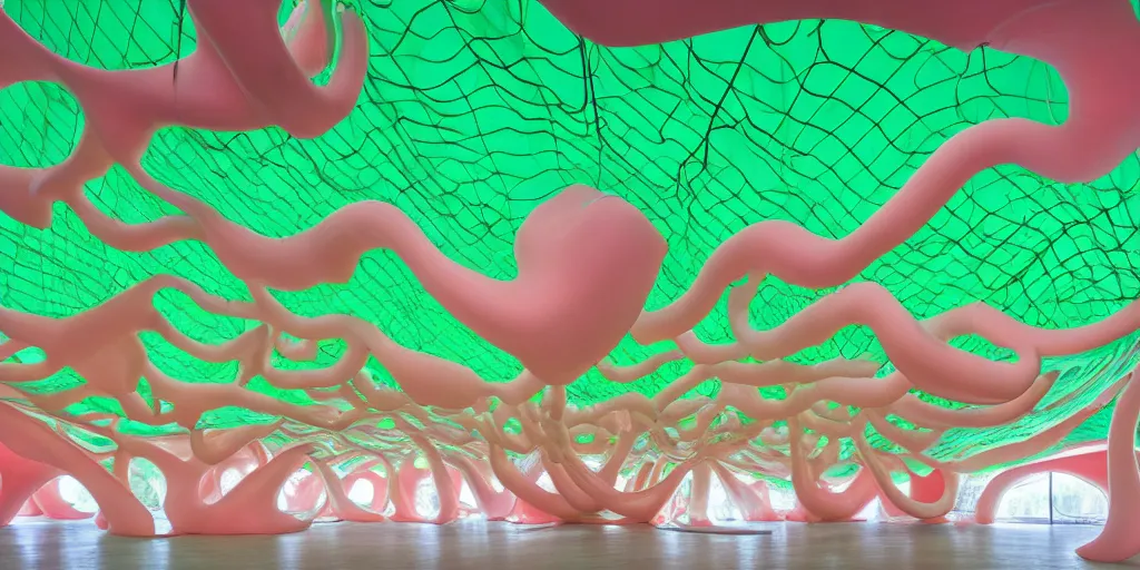 Image similar to biomorphic inflated latex structures by ernesto neto, light - mint with light - pink color, 4 k, insanely quality, highly detailed,