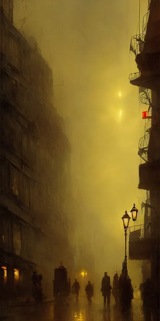 Image similar to a street of a city in 1 9 4 0 with yellow light on from the windows during the night, a men stand up under a light, steam punk, mystical red fog, oil on canvas, art by andreas achenbach, clemens ascher, tom bagshaw and sabbas apterus,