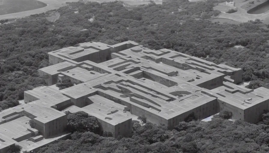 Prompt: big brutalist military base on clliffs, drawing architecture, very long shot, top angle, pritzker architecture prize